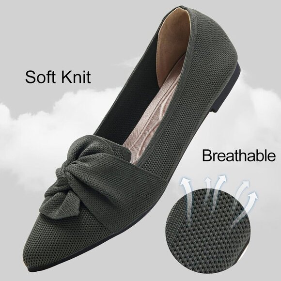 🆕Women Green Pointed Toe Ballet Flats with Bow Comfortable Knit Dressy Flats - Picture 3 of 8